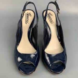 GUCCI Patent Platform Slingback Heels Navy Peep Toe Stiletto Pumps